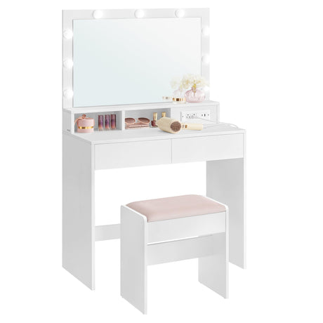 VASAGLE Vanity Desk with Power Outlets, Makeup Vanity with Mirror and Lights, with Upholstered Vanity Stool, 9 Dimmable LED Lights, 2 Compartments, 2 Drawers, for Bedroom, Cloud White URDT029W01 VASAGLE