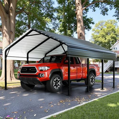 JY QAQA 12 x 15 FT Metal Carport Kits with Galvanized Steel Roof, Heavy Duty Metal Carport Canopy, Outdoor Car Tent Garage Shelter for Car, SUV, Truck and Boats JY QAQA PET