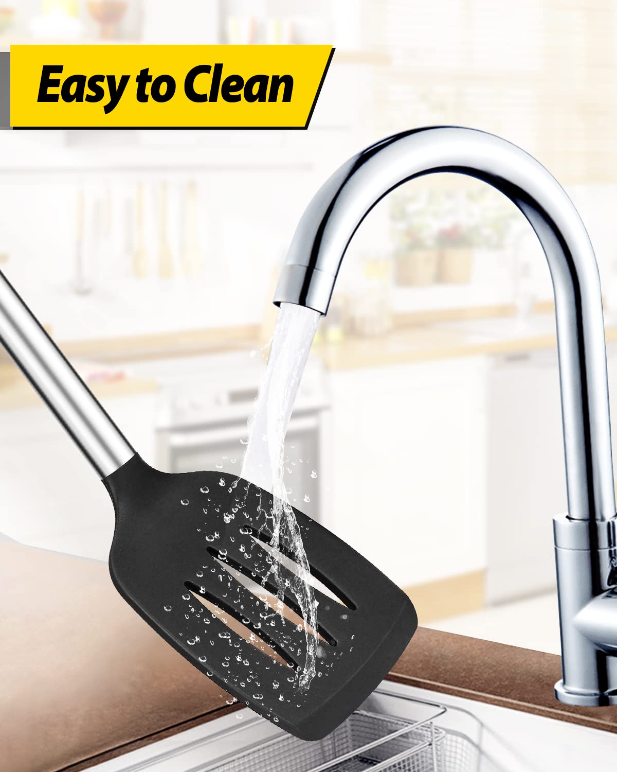 Pack of 4 Silicone Cooking Utensils Set, Non Stick Large Solid Spatulas, Heat Resistant Black Slotted Spoons, Ideal BPA Free Kitchen Turners for Frying, Mixing,Serving,Draining,Turning,Stirring BUNDLEPRO