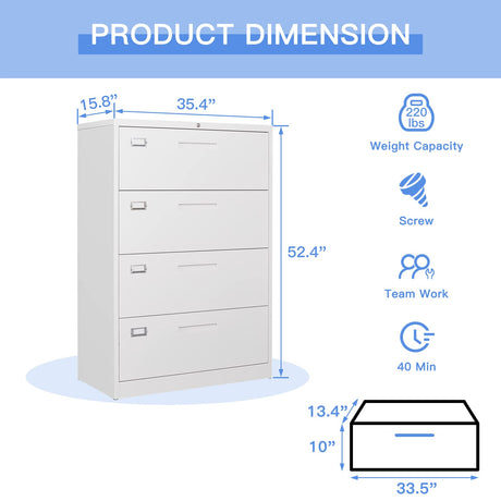 Yizosh 4 Drawer White File Cabinet with Lock, Filing Cabinet for Home Office, Metal Locking Office File Storage Cabinet with Drawers, Lateral Filing Cabinet Organizer for Letter/Legal/F4/A4 Yizosh