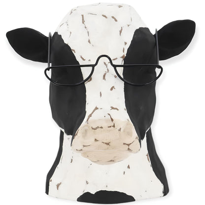 Black & White Sculptureative Cow Head Wearing Glasses – Distressed Faux Taxidermy – Wood & Metal Animal Sculpture – Country Western Themed Party Decorations – Farmhouse Style Decor for Home & Office