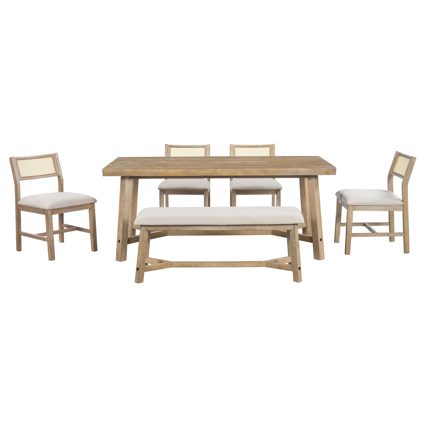 Wood Dining Table Set for 6 with 4 Chair & Bench, 6-Piece Rectangular Kitchen Table Set with 4 Upholstered Chairs & Bench Retro Dining Room Set for Dining Room (Natural Wood Wash)