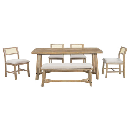 Wood Dining Table Set for 6 with 4 Chair & Bench, 6-Piece Rectangular Kitchen Table Set with 4 Upholstered Chairs & Bench Retro Dining Room Set for Dining Room (Natural Wood Wash)