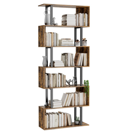 Gadroad 6 Tier Geometric Bookcase,S Shaped Bookshelf, Wood Decorative Storage Shelving, Modern Freestanding Display Shelves, Tall Book Shelf Unit for Living Room Bedroom, Rustic Brown Gadroad