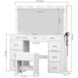 Likein Vanity Desk with Mirror and Lights, 47‘’ Glass Top Vanity with Power Strip, 9 Drawers Makeup Vanity with Lighted Mirror, White Vanity Set with Chair, 3 Lighting Modes Adjustable Brightness Likein