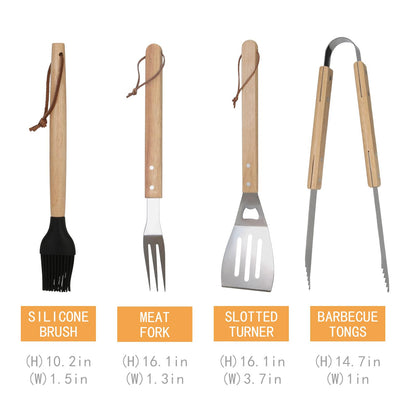 GreatChef Barbecue Grilling Utensils Set of 4, Stainless Steel Tools with Wood Handle, Meat Fork, Slotted Turner, Barbecue Tongs & Silicone Brush, Good BBQ Accessories for Outdoor, Camping & Party