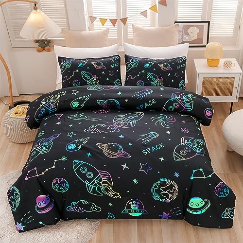 Aimuan Space Bedding Twin Bed Comforter Kids Rocket Bedding Set Super Soft & Cute Aliens UFO Printed for Boys Girls Teen (Black, Twin) Aimuan