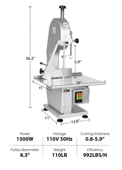 1500W Electric Bone Saw Machine, Meat Bandsaw for Butchering, Thickness Range 0.8-5.9 Inch, 20x15 Inch Table Sawing for Cutting Chops, Frozen Meat, - WoodArtSupply