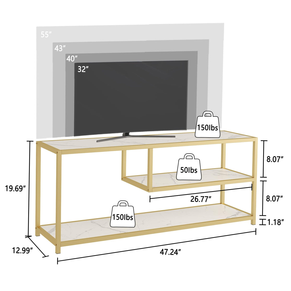 Function Home TV Stand for TVs up to 55 Inch, 3 Tier Entertainment Center, Media Console with Open Storage Shelves for Living Room Bedroom, 47” Modern TV Table with Faux Marble Top Gold Metal Leg Function Home
