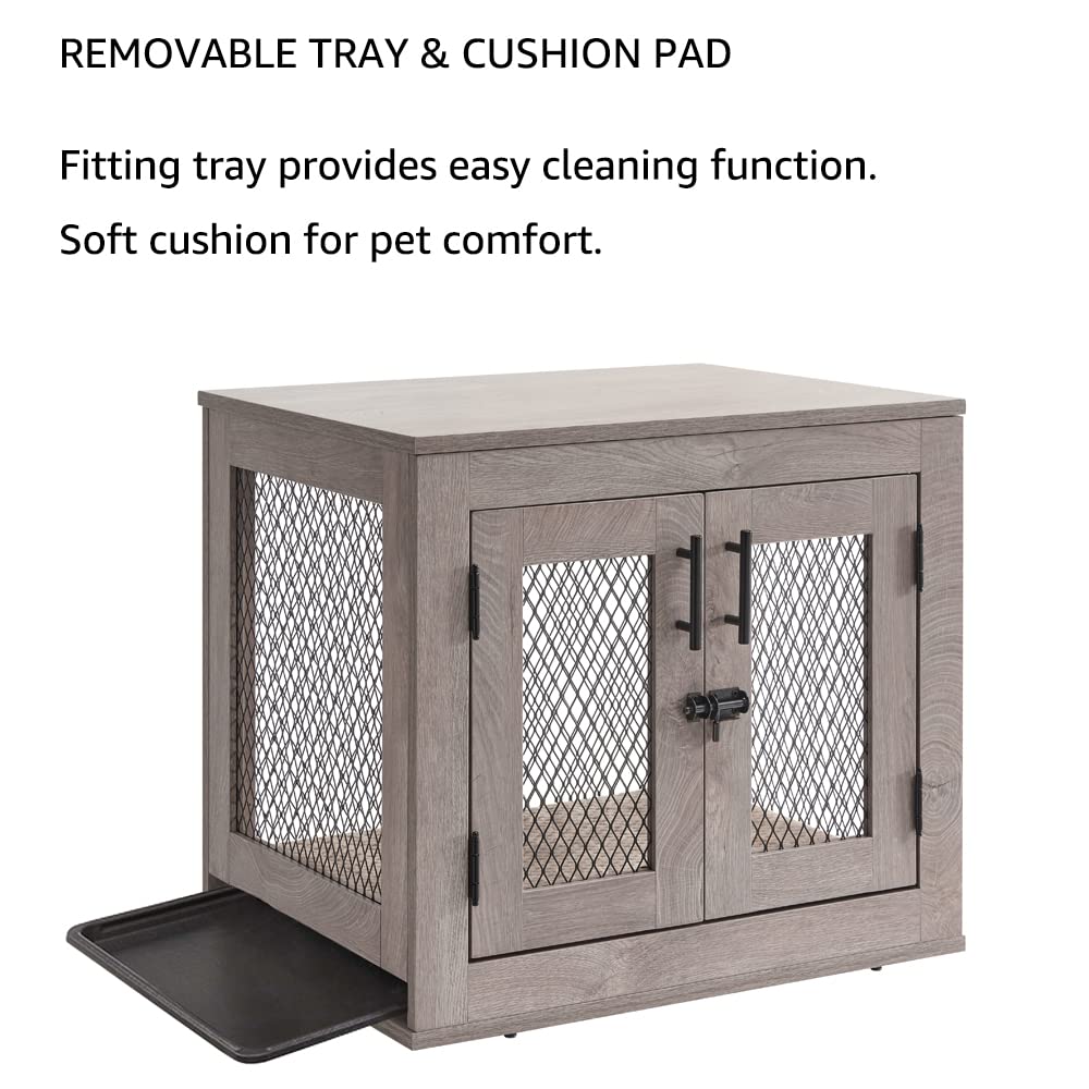 unipaws Dog Crate Furniture, Wooden Dog Kennel for Small Breed, Indoor Decorative Wood Dog Cage, Inside Side End Table Crate with Tray and Dog Bed for Puppy, Cats, Min Pigs, Rabbit, Up to 25 lbs