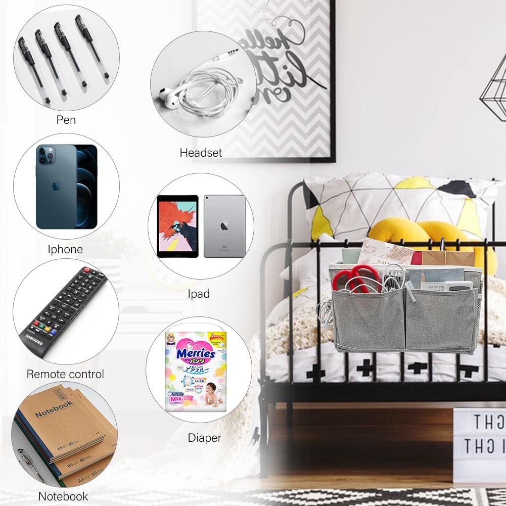 JSJSYO Bedside Storage Organizer Hanging Storage Basket Multi-function Organizer Caddy for Headboards Bed Rails Bunk Beds Hospital Bed Rooms Home College Dorm (lightgrey) WoodArtSupply