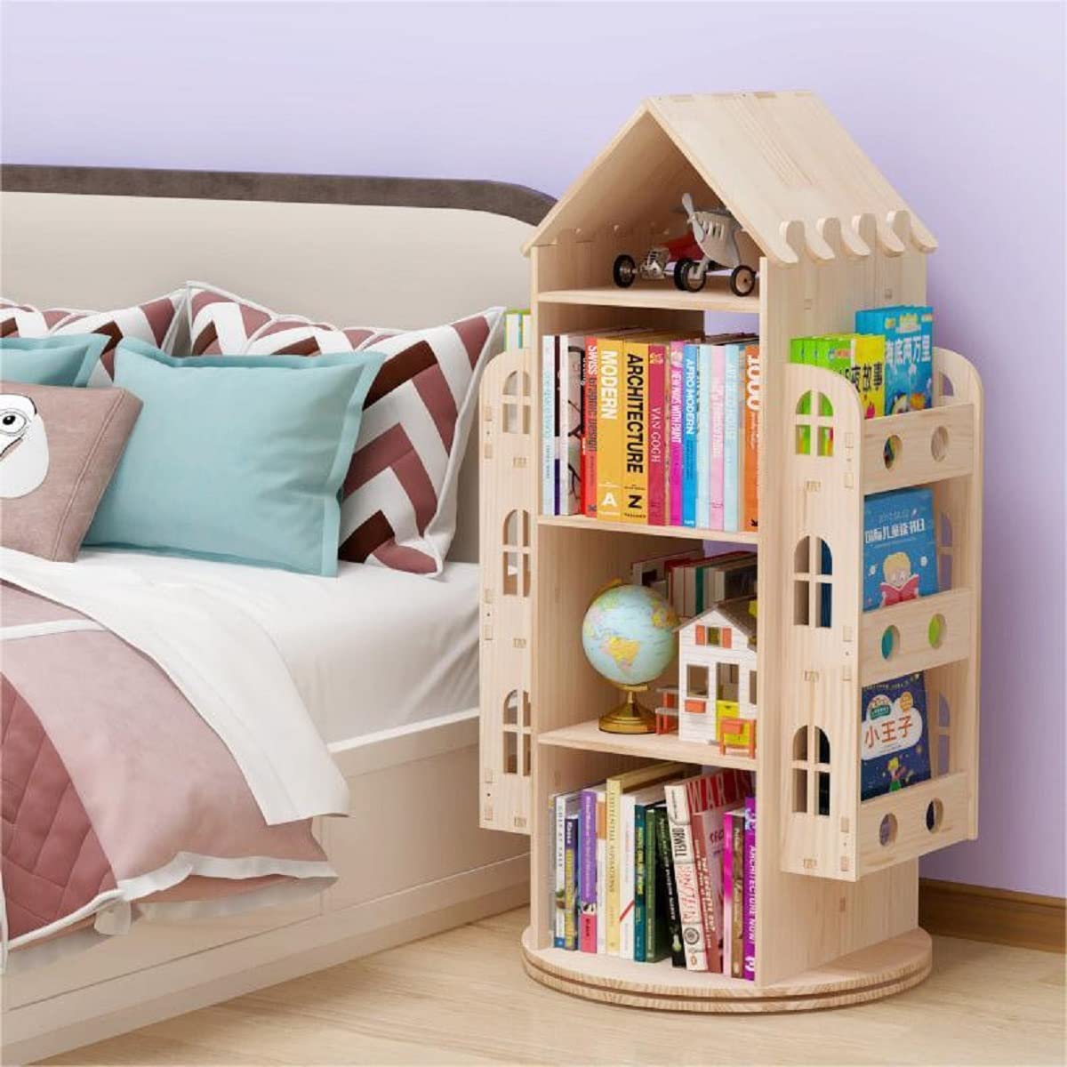 Gdrasuya10 360° Rotating Castle Bookshelf for Kids – Floor Standing Wood Bookcase - WoodArtSupply