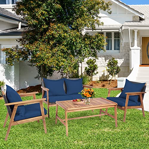 Tangkula 4-Piece Patio Furniture Set, Outdoor Acacia Wood Conversation Set with Cushions and Coffee Table, Outdoor PE Wicker Sectional Sofa Set for Garden, Poolside and Backyard (1, Navy)