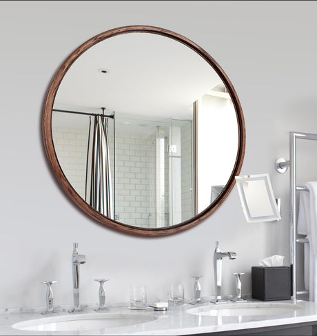 EssOAKence Round Solid Oak Wood Mirror, 24x24 Inch Medium Size, Walnut Frame, Modern Decorative Wall Makeup Mirror for Bathroom, Bedroom, Living Room(Walnut, 24" x 24") EssOAKence