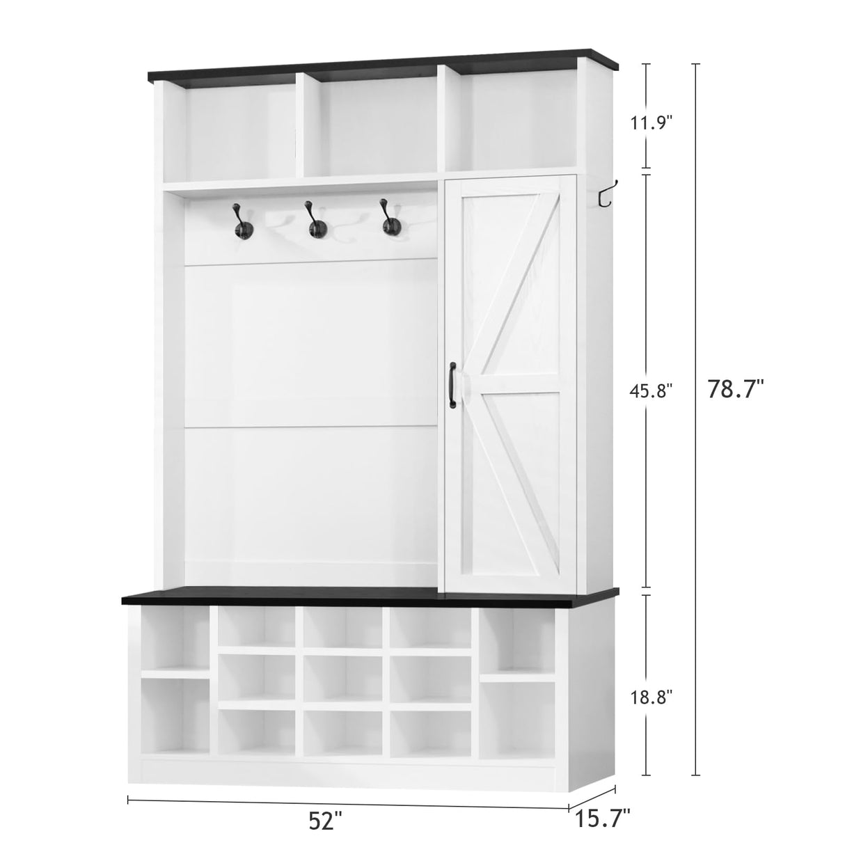 4ever2buy 79 Inch Hall Tree with Bench and Shoe Storage, Farmhouse Hall Tree with Coat Rack, White Entryway Bench with Barn Door and Adjustable Shoe Cubbies, Mudroom Hall Tree with 3-Tier Cabinet 4ever2buy