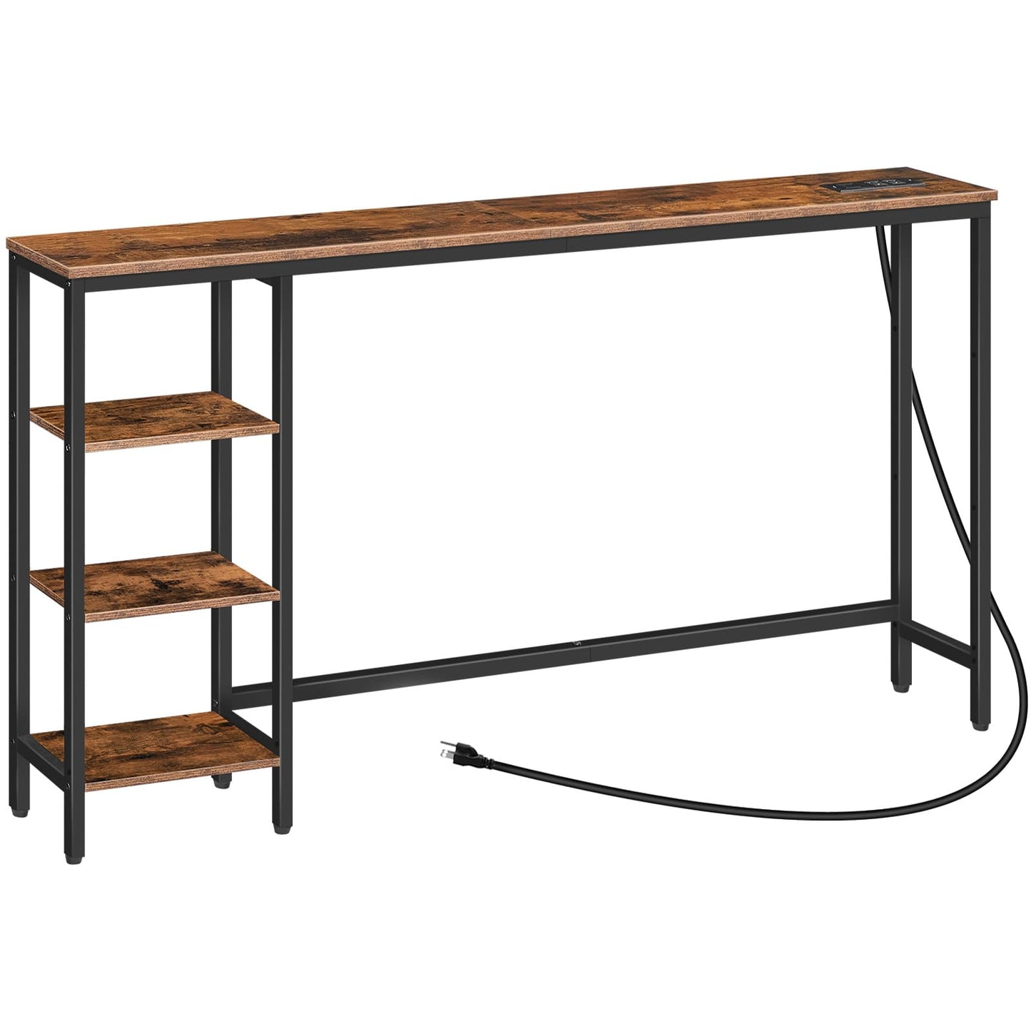 HOOBRO Rustic Brown and Black Console Table with Power Outlet and Shelves, 63" Multifunctional Sofa Table for Home Office and Entryway