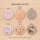 nevora shop 3 Hoop Embroidery Kit for Beginners Adults - Learn 32 Stitches with 3 Progressive Projects, Stamped Patterns, Video Tutorial & Free Organizer Bag.