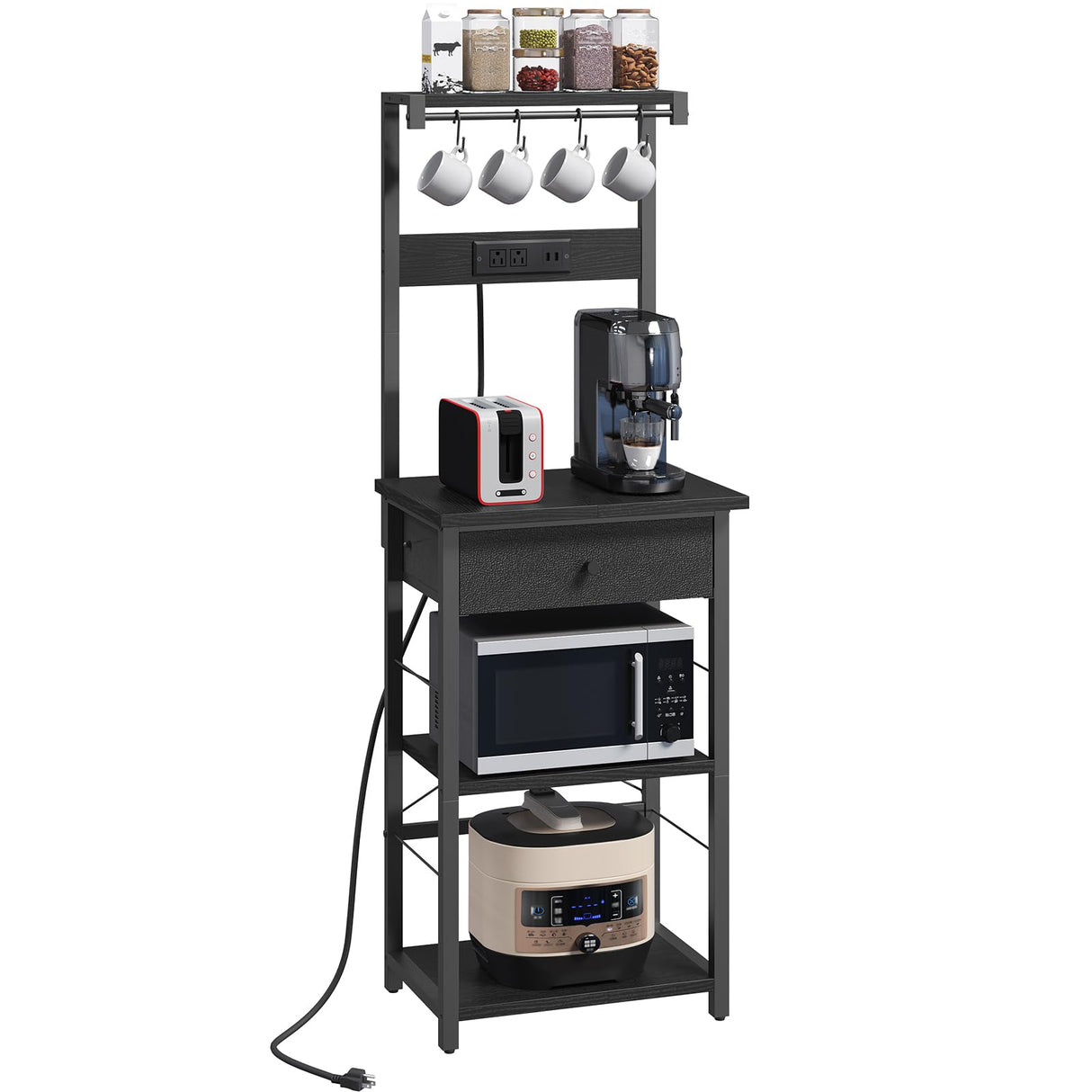 MAHANCRIS Bakers Rack with Drawer, Microwave Stand with Power Outlet, Coffee Bar Station with 4 Hooks, Kitchen Storage Shelf Rack 4 Tiers, for Kitchen, Dining Room, Black BRBK48E01 MAHANCRIS