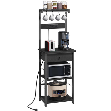MAHANCRIS Bakers Rack with Drawer, Microwave Stand with Power Outlet, Coffee Bar Station with 4 Hooks, Kitchen Storage Shelf Rack 4 Tiers, for Kitchen, Dining Room, Black BRBK48E01 MAHANCRIS