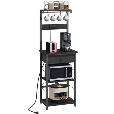 MAHANCRIS Bakers Rack with Drawer, Microwave Stand with Power Outlet, Coffee Bar Station with 4 Hooks, Kitchen Storage Shelf Rack 4 Tiers, for Kitchen, Dining Room, Black BRBK48E01