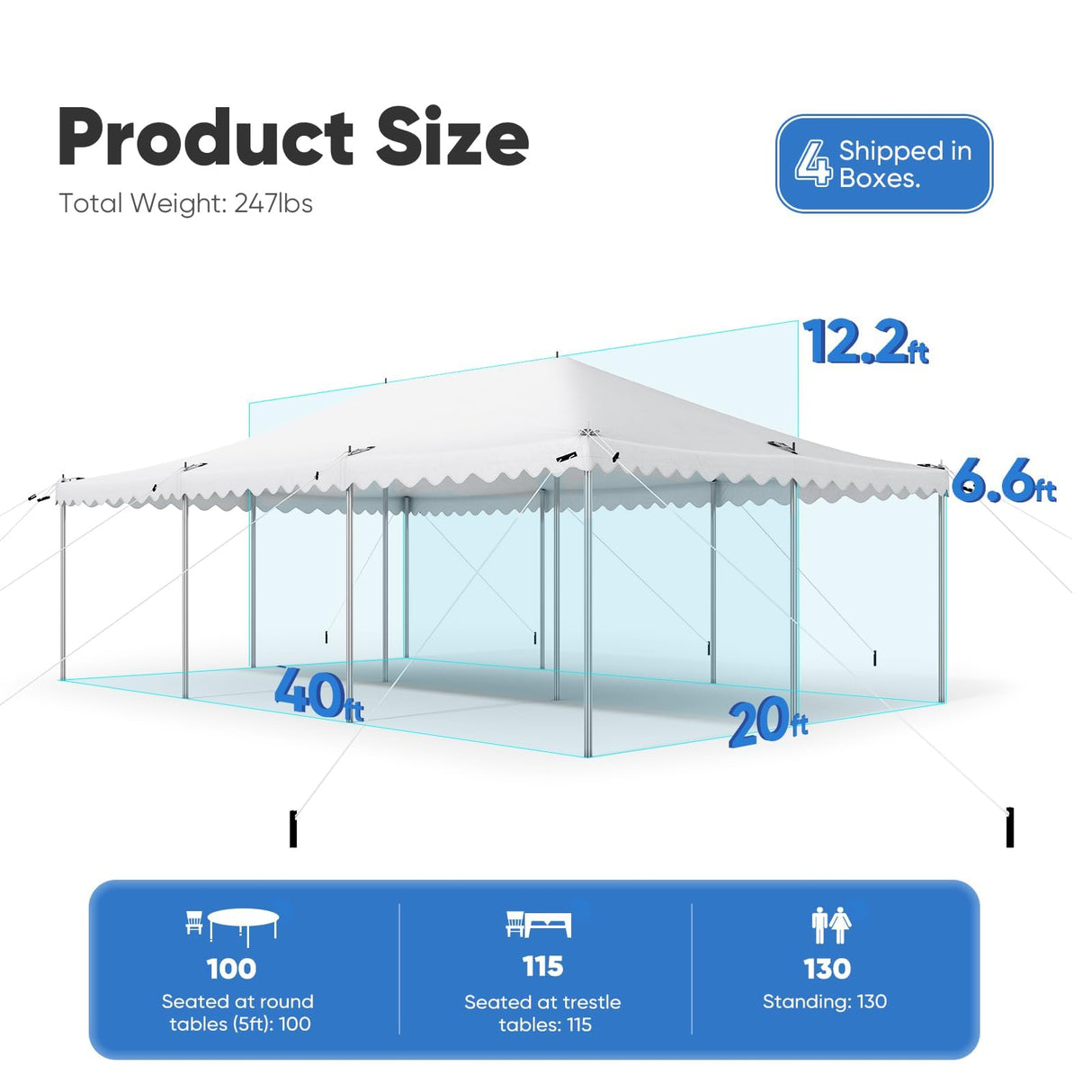 Quictent 20x40 Party Tent Heavy Duty Waterproof | Large Wedding Tent for 120 People, Fire Retardant PVC Canopy with 3 Reinforced Poles, Easy Setup for Events & Outdoor Use (White, no Sides) Quictent
