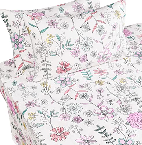 J-pinno Painting Flower Plant Cute Cozy Fun Full Sheet Set for Kids Girls Children 100% Cotton Flat Sheet + Fitted Sheet + Pillowcase Bedding Set (Flower, Full) J-pinno