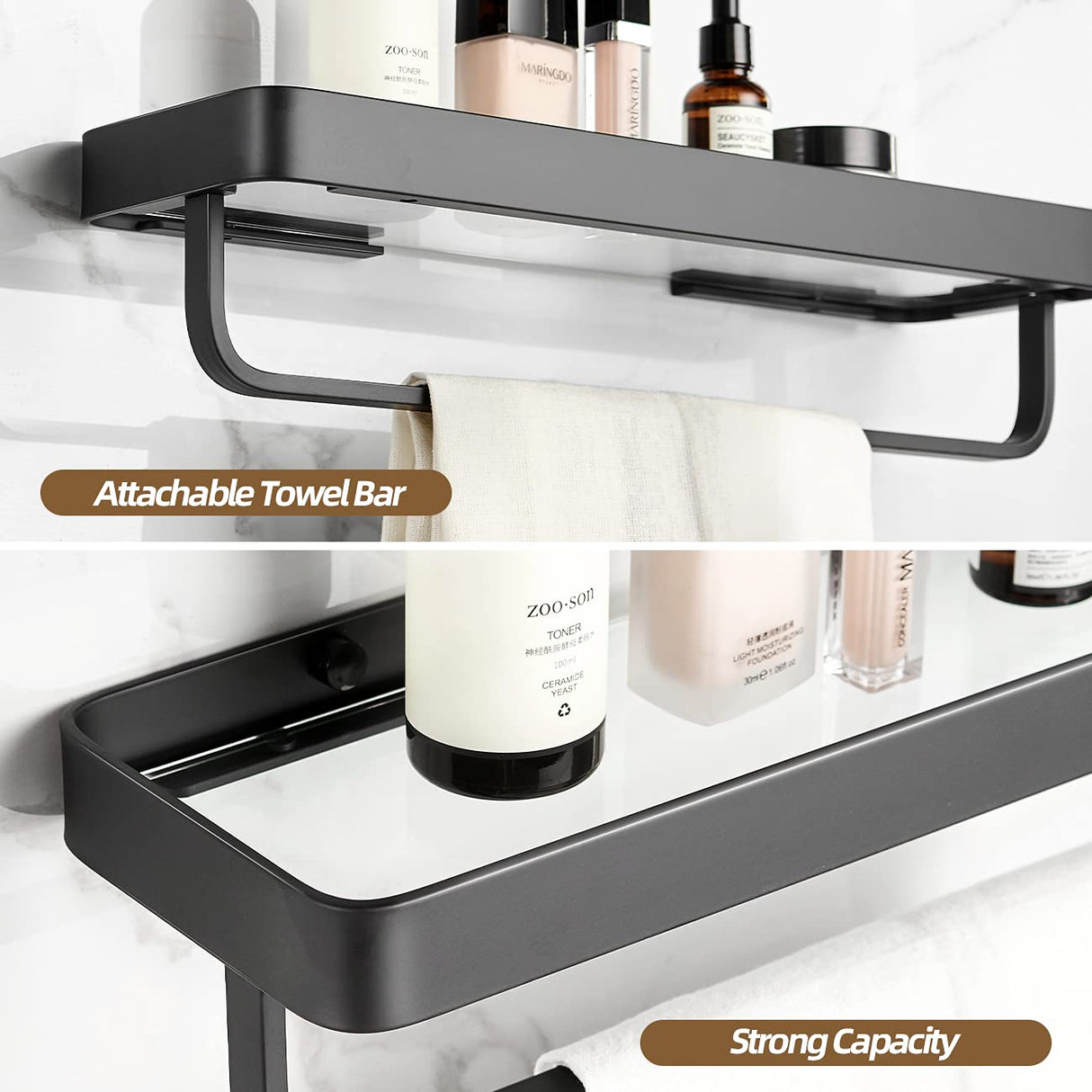 VOLPONE Bathroom Shelves Wall Mounted Glass Shelf for Floating Shelf Tempered Glass Shelves 2 Tier Bathroom Wall Organizer(Black) VOLPONE