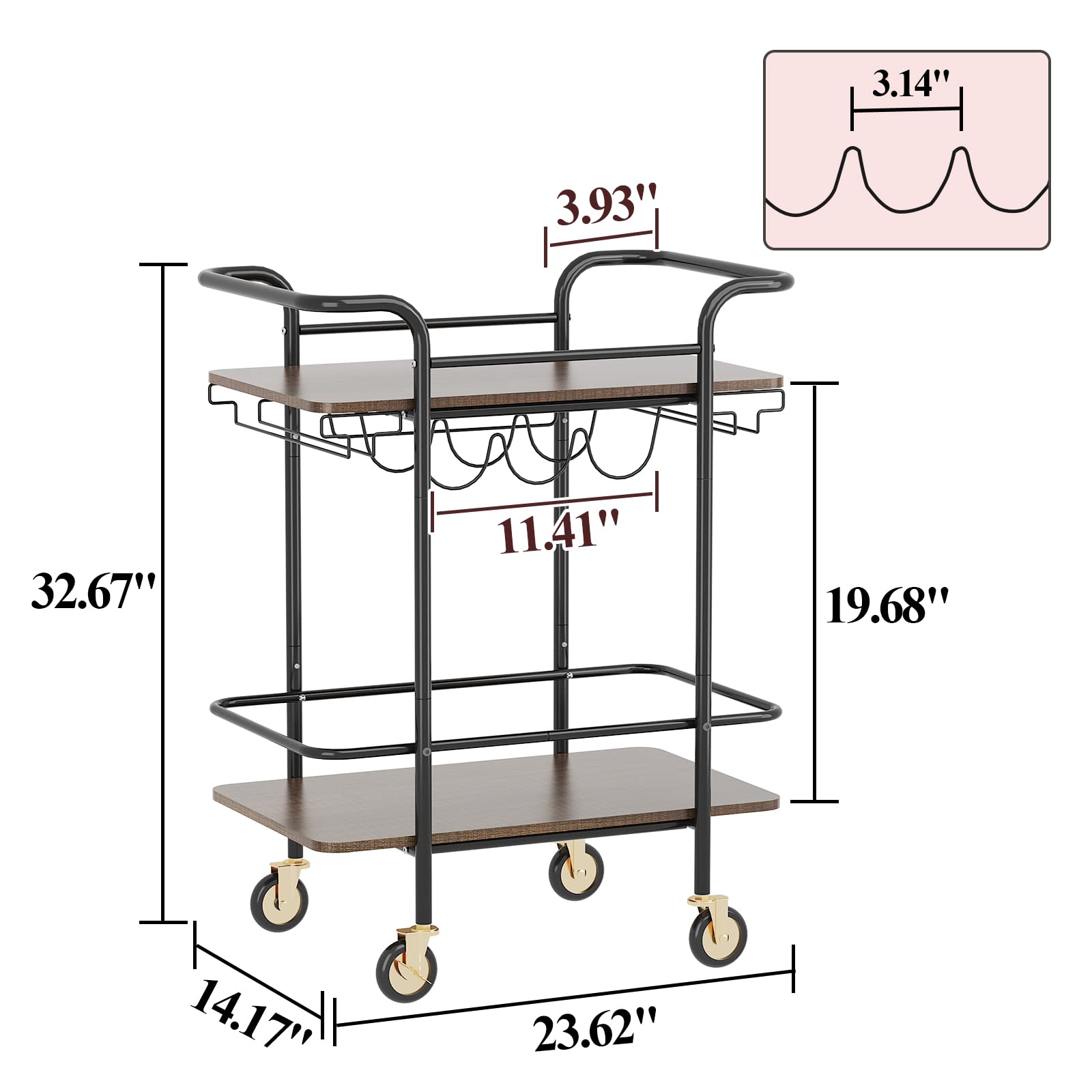 Wisdom Star 2 Tier Bar Cart with Wheels, Serving Cart with Wheels and 2 Handle, Outdoor Bar Cart for The Home with Wine Rack and Glass Holder, Kitchen Serving Cart for Home, Dining Room, Part - WoodArtSupply