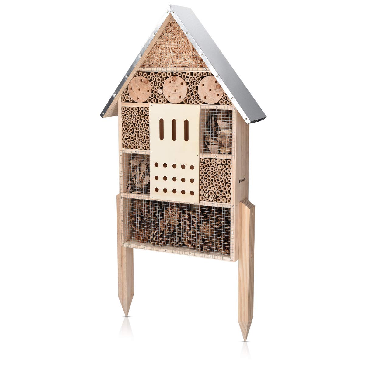 Navaris Insect House with Stakes - Extra Large Wooden Bug Hotel 22.4" H x 15" W - Bee, Butterfly, Ladybug Natural Nesting Habitat for Garden and Yard Navaris