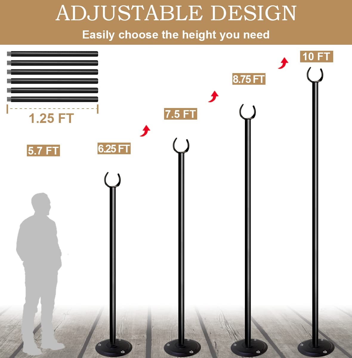 Sprimden 10ft String Light Poles for Outdoors, Outside Light Poles for Hard Ground Surface, Backyard, Patio, Outdoor Lighting, Matte Black, 2 Pack Sprimden