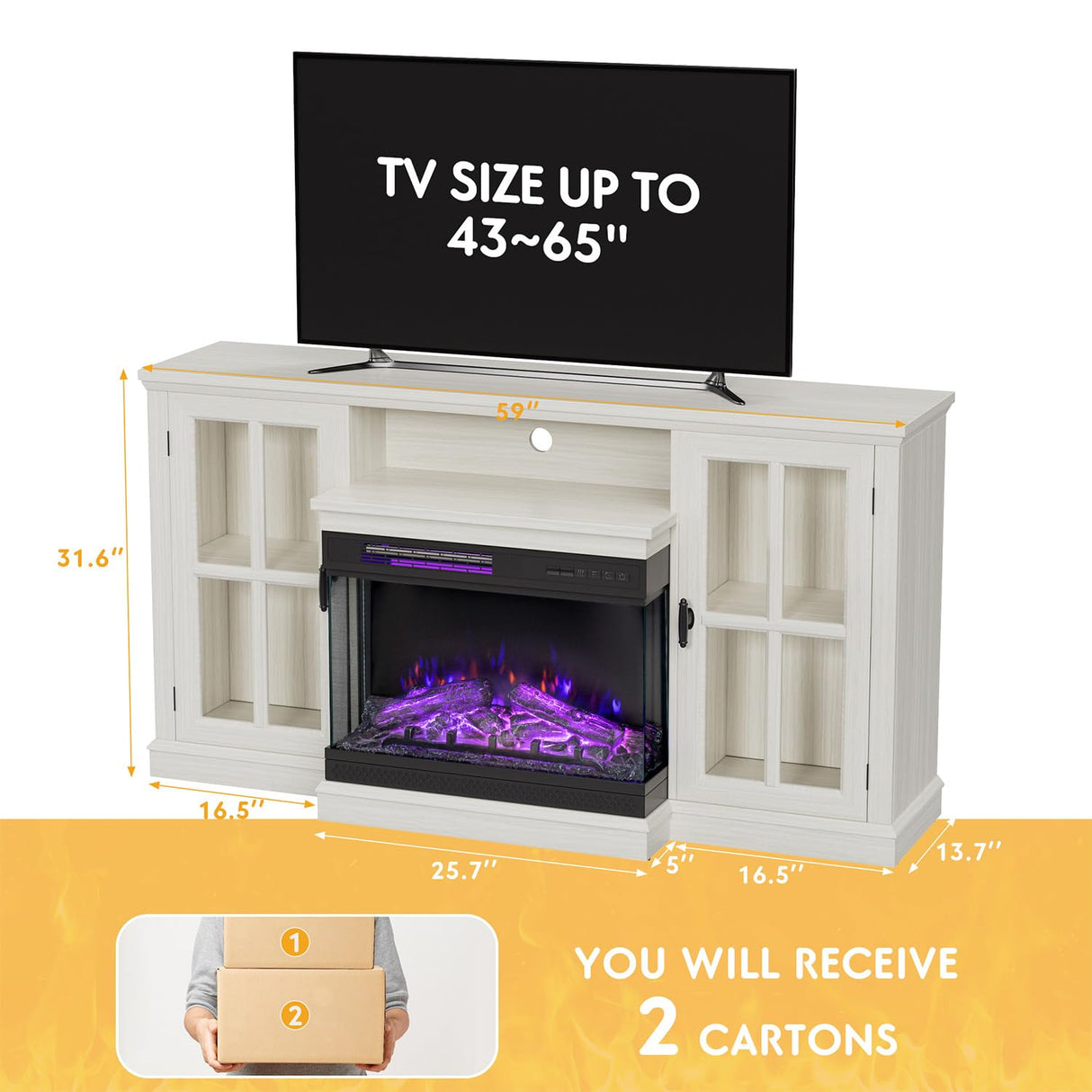 JUMMICO Fireplace TV Stand for TVs up to 65'', 3-Sided Glass Media Entertainment Center Console Table with Cabniet Storage Adjustable Flame LED Color for Living Room (Distressed White) JUMMICO
