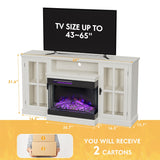 JUMMICO Fireplace TV Stand for TVs up to 65'', 3-Sided Glass Media Entertainment Center Console Table with Cabniet Storage Adjustable Flame LED Color for Living Room (Distressed White) JUMMICO