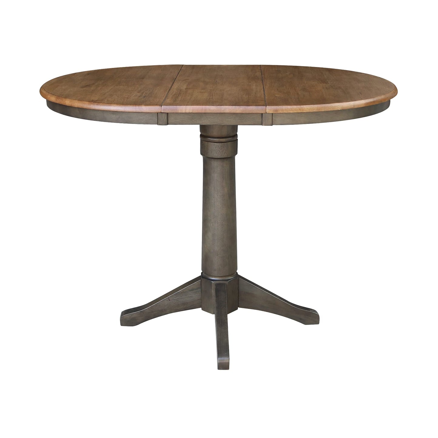 IC International Concepts 36" Round Top Pedestal 12" Leaf-36.1" H-Counter Height Dining Table, Hickory/Washed Coal