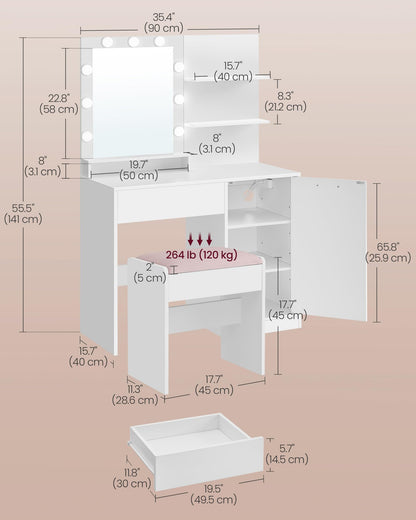 VASAGLE Vanity Desk with Mirror and Lights, 35.4-Inch Wide Makeup Vanity with Upholstered Vanity Stool, Power Outlets, Dimmable LED Lights, Storage Drawer, for Bedroom, Cloud White URDT128W01 - WoodArtSupply