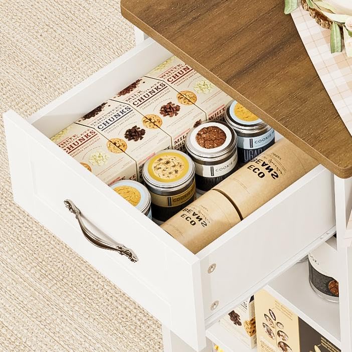 HOSTACK Kitchen Island Cart with Storage, 47'' Kitchen Storage Island on Wheels with 2 Drawers, Rolling Island Table with Adjustable Shelves, Mobile Buffet Sideboard Cabinet for Dining Room, White HOSTACK