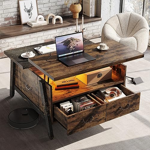 Bestier Lift Top Coffee Table for Living Room, Mid Century Modern Wood Coffee Table with Led Lights & Storage Drawers, Dual Color Tabletop Industrial Coffee Table (Rustic Brown+Golden Black)