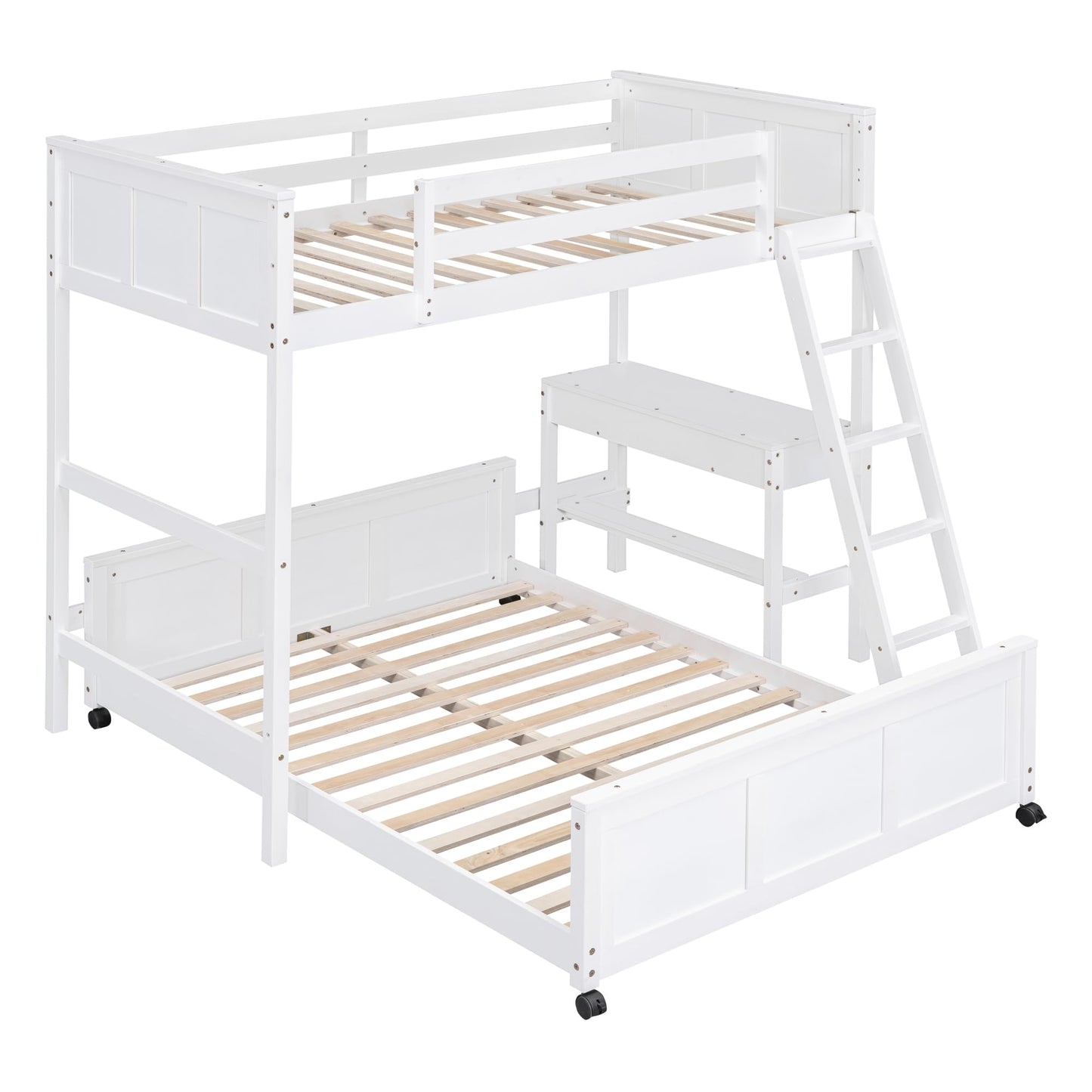 Bellemave Twin Over Full Bunk Bed with Desk and Movable Underbed in White - WoodArtSupply