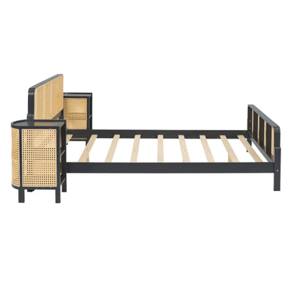SOFTSEA Rattan Bed Frame with 2 Nightstands 3 Piece Bedroom Furniture Set, Farmhouse Style