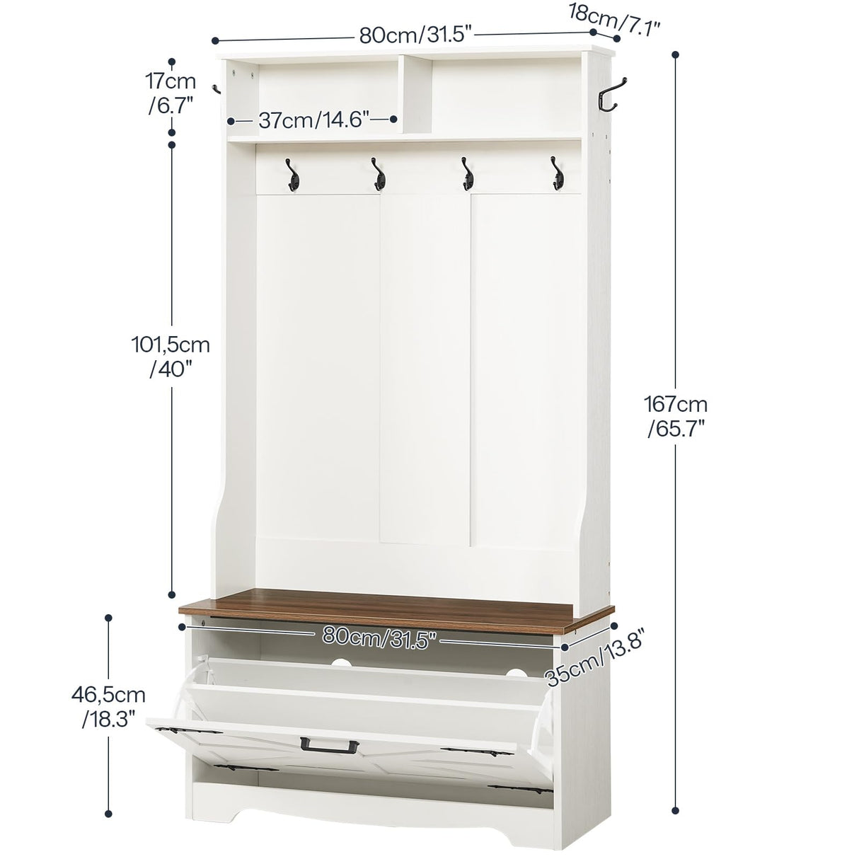 HOOBRO Hall Tree with Bench, Entryway Bench with Coat Rack and Shoe Cabinet, Flip Drawers, Farmhouse Hall Tree with Shoe Organizer, Mud Room, White and Walnut WH85MT01 HOOBRO
