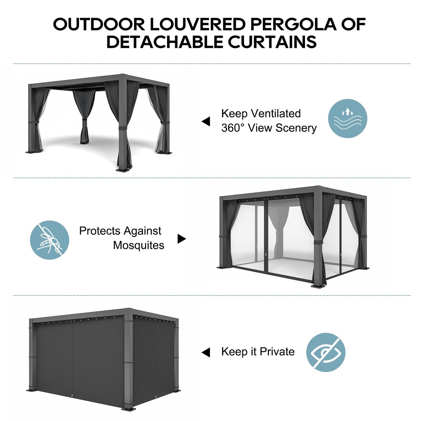 10' ×13' Outdoor Louvered Pergola, Aluminum Outdoor Louvered Pergola Patio with Adjustable Roof for Outdoor Deck (Black with Curtain)