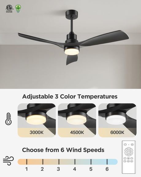 Forrovenco 60 Inch Ceiling Fans with Lights Remote, Black Ceiling Fan with 3 Downrods, 3 Wood Blades, ETL Listed, Timer, 6 Speed Quiet Reversible DC Motor Outdoor Fans for Patios Bedroom Farmhouse Forrovenco
