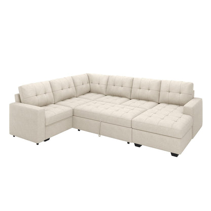 HONBAY Sleeper Sectional Sofa with Pull Out Bed, U Shaped Sectional Sleeper Couch with Storage Chaise, Convertible Sectional Sleeper Sofa Bed, Beige