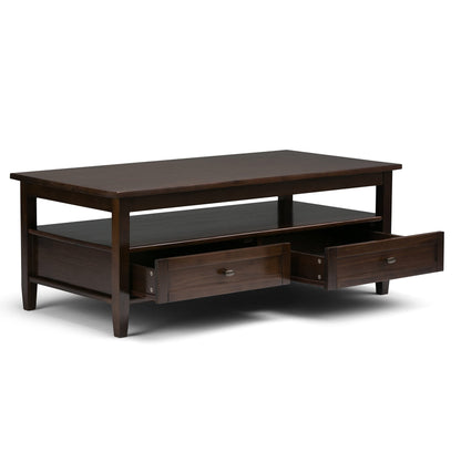 SIMPLIHOME Warm Shaker SOLID WOOD 48 inch Wide Rectangle Rustic Coffee Table in Tobacco Brown, for the Living Room and Family Room - WoodArtSupply