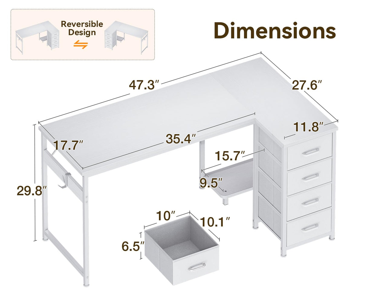 Casaottima L Shaped Desk with 4 Drawers, 47" White Computer Desk with Storage, Reversible Kids Study Table with CPU Stand & Hook, Corner Work Table for Home Office Casaottima