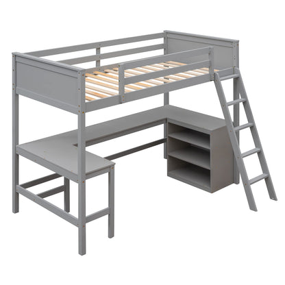 LostCat Twin Size Loft Bed with L-Shaped Desk and Storage Shelves for Kids and Teens - Grey - WoodArtSupply