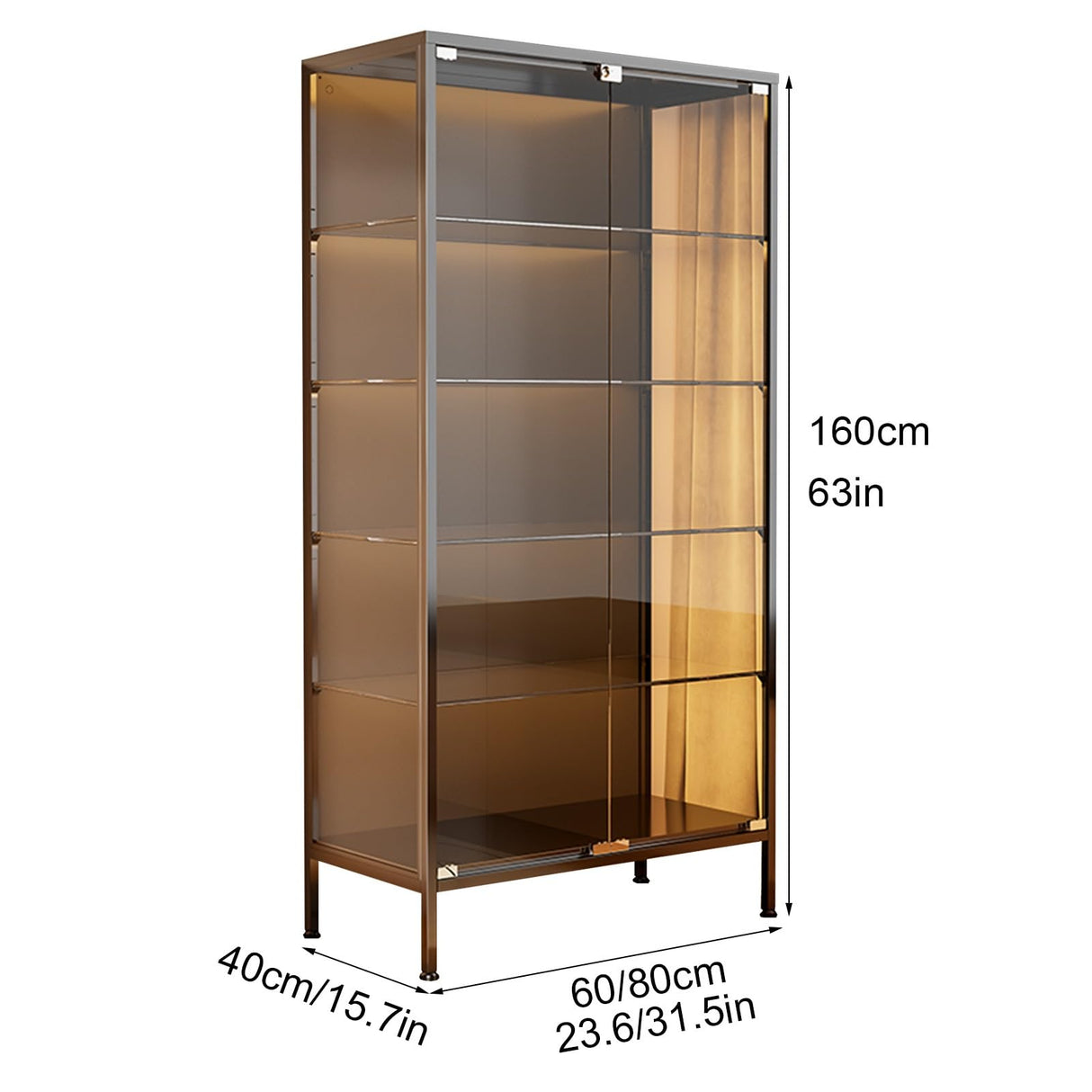 Zkfpet 63" Glass Display Cabinet with LED Lights, Metal Curio Cabinet with Dual Doors, Adjustable Shelves, Assemble Required(Black,60cm/23.6in) Zkfpet