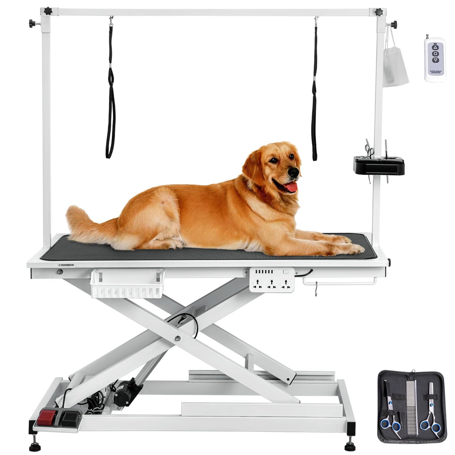 CIRONBOW 50'' Electric Dog Grooming Table, Adjustable X Lift Heavy Duty Dog Grooming Table for Large Dogs with Anti-Skid Tabletop & Grooming Scissors & Wireless Remote &Tool Organizer & Arms, White