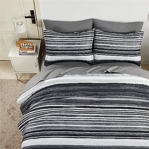 KAKIJUMN 5 Piece Bed in a Bag Stripe Comforter Set Twin Size, White Grey Black Patchwork Striped Comforter and Sheet Set, All Season Soft Microfiber Complete Bedding Sets(Grey,Twin) KAKIJUMN
