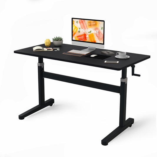 Win Up Time Manual Standing Desk Adjustable Height- Crank Mobile Standing Desk 55 x 24 Inches Sit Stand Desk Frame & Top, Stand Up Desk on Wheels, Computer Desk Black Frame & Black