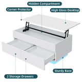 HOMMPA 40'' Lift Top Coffee Table for Living Room, White Coffee Tables with Storage, LED Modern Coffee Table Rectangular White Gloss, Flip Top Center Table with 2 Drawers and Hidden Compartment HOMMPA